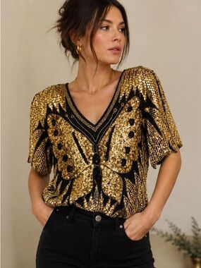 Anand's Vintage 80s Gold Sequin Butterfly Top Black Silk Beaded India Med/Large